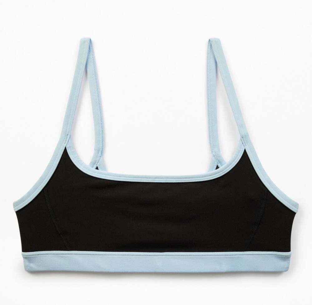 Athleta Square Neck Bra Black and Sky Blue Trim